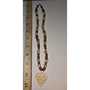 Vintage Carved Heart Pendant Wood Beads Necklace